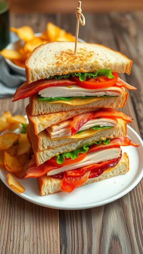 A delicious club sandwich with turkey, bacon, lettuce, and tomato cut into quarters, served with potato chips on a rustic table.